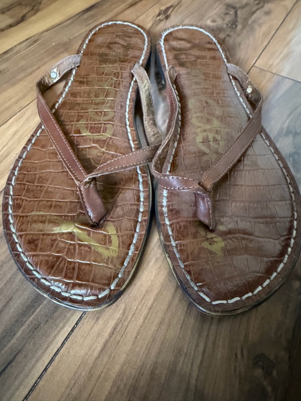 Sam Edelman Brown Croc-Embossed Leather Flip Flop Sandals